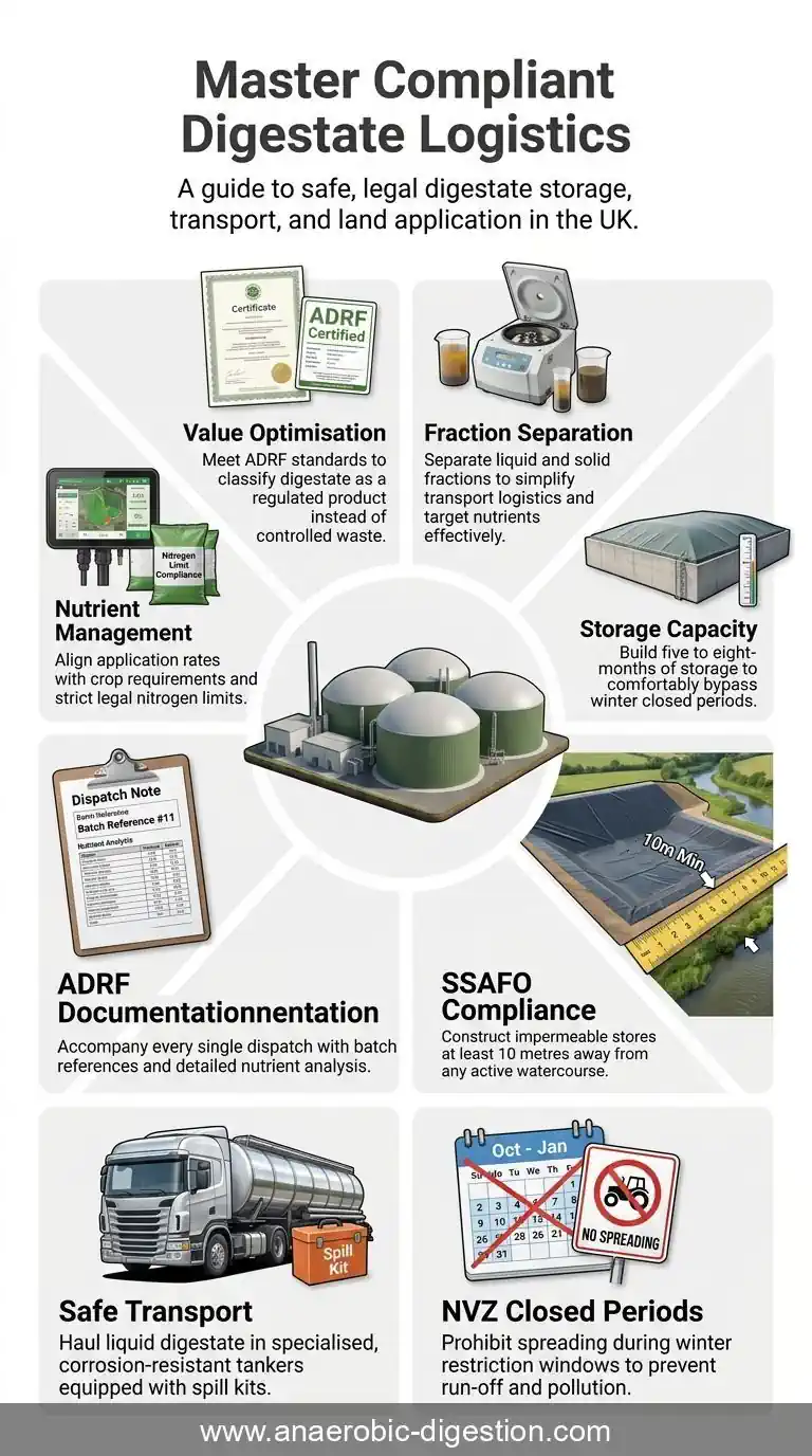 Infographic for Digestate Transport in the UK with SSAFO Regulations compliance.