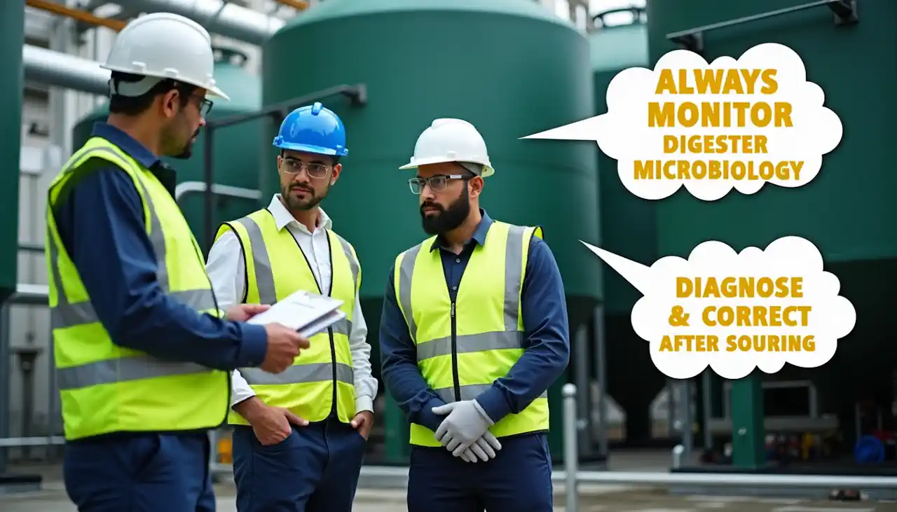 Biogas digester monitoring and correction after souring and plant crash.