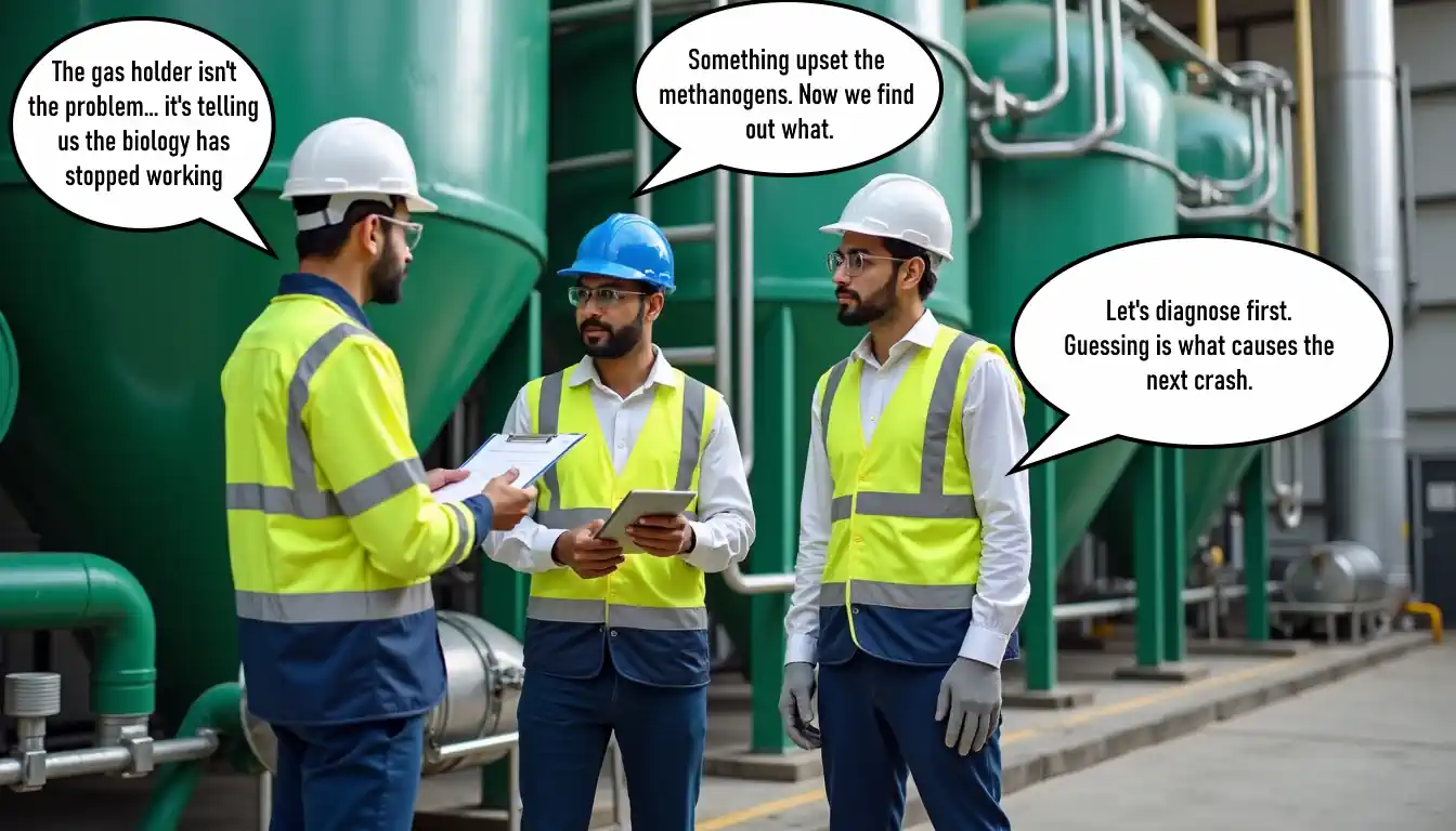 Biogas plant technicians discuss a methane souring incident
