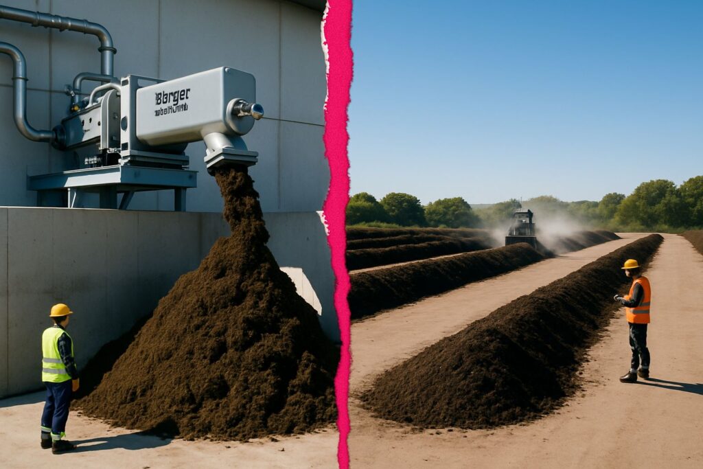 Image that shows a screw separator producing solid (fibre) from the raw mixed digestate, on the left hand side and a panorama of a commercial composting facility.