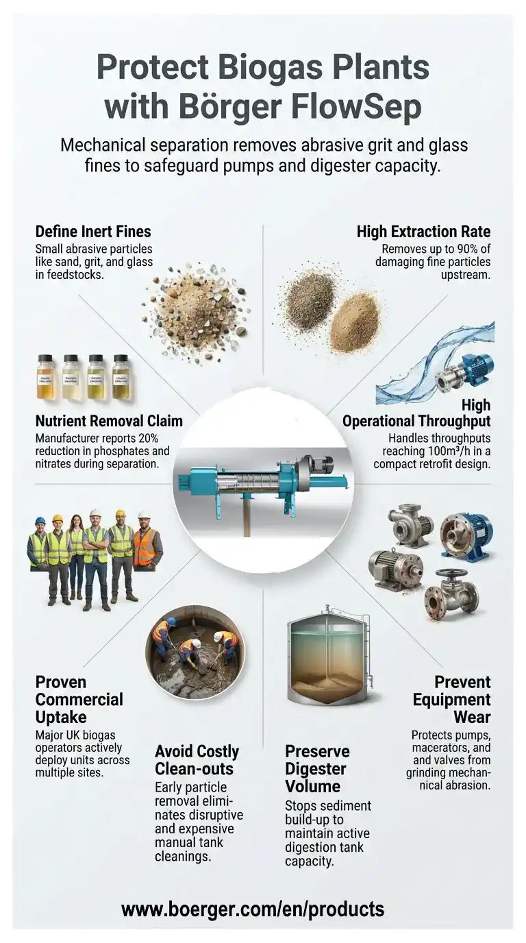 Infographic - What FlowSep and Bioselect does - Grit and glass fines are a real problem in biogas-plants.