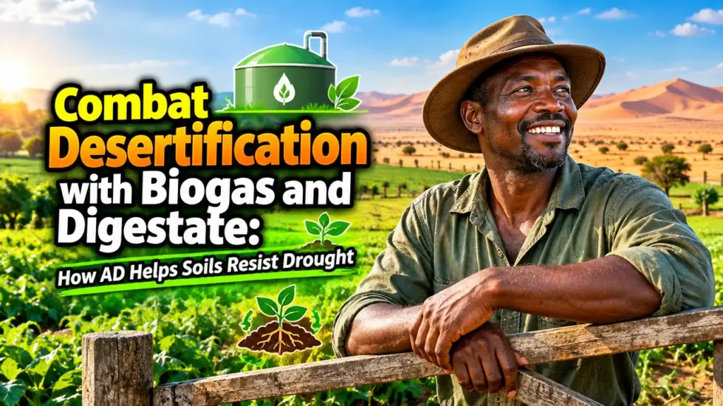 Featured image with the text: Combat Desertification with Biogas.