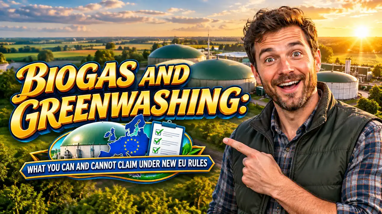 Farm biogas plant with digesters and a verification checklist, illustrating EU greenwashing rules for biogas claims