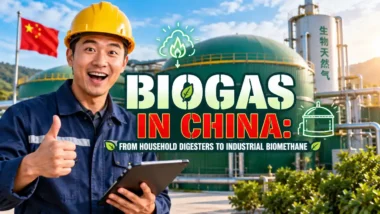 Featured image with text: Biogas in China From Household Digesters to Industrial Biomethane.