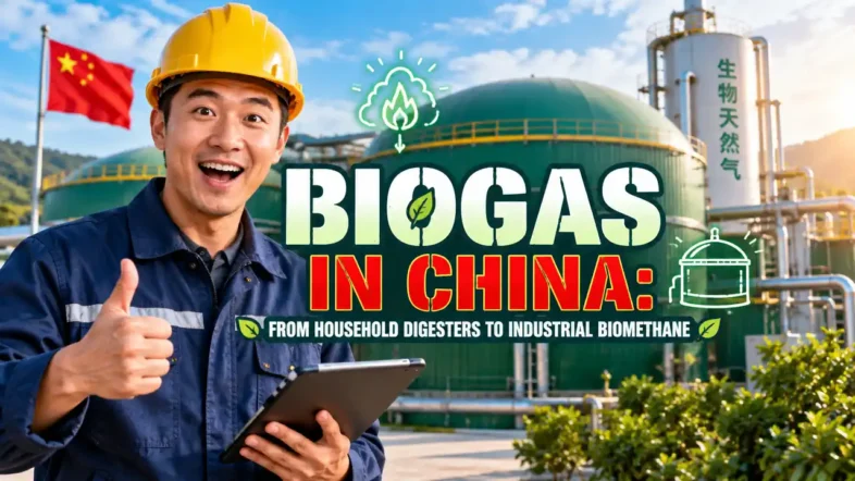 Featured image with text: Biogas in China From Household Digesters to Industrial Biomethane.