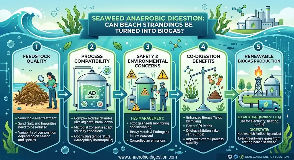 Infographic with the text: Can seaweed beach strandings be turned into biogas? - Infographic image.