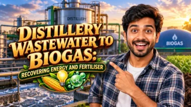 Featured image with text: Distillery Wastewater to Biogas Recovering Energy and Fertiliser.