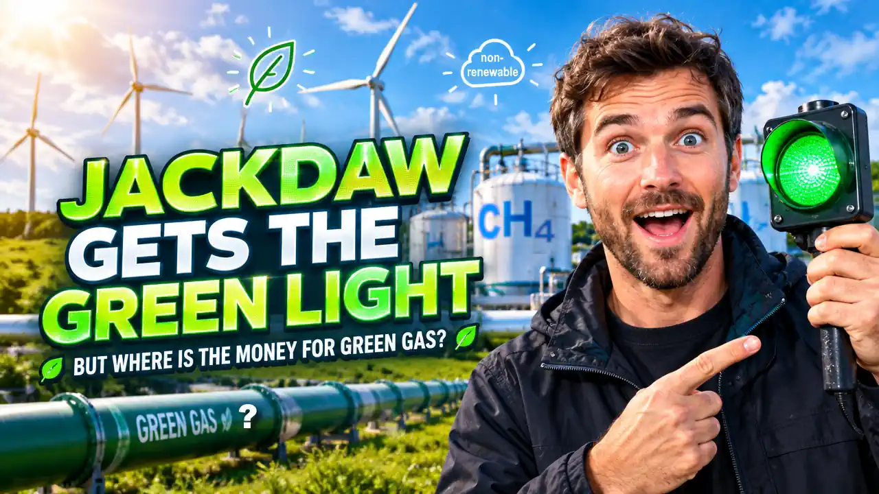 Image with the text: Jackdaw Gets the Green Light But Where Is the Money for Green Gas. Used as featured image.